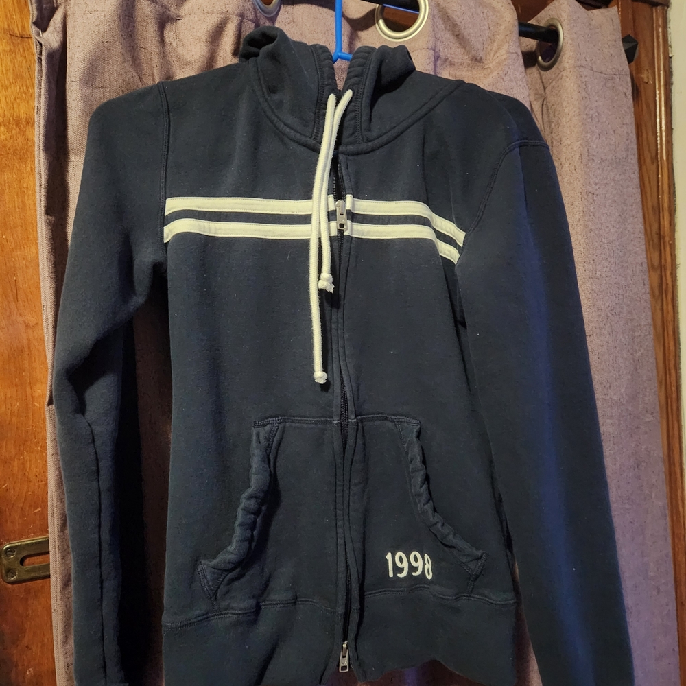 Hollister Navy Blue Hoodie with White Stripes